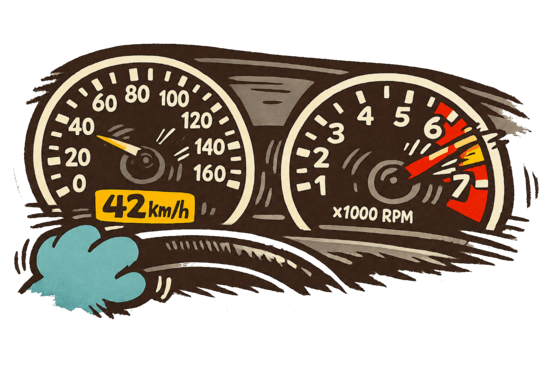 Hand-drawn car dashboard: a speedometer and a tachometer redlining at 7000 rpm with a puff of exhaust.